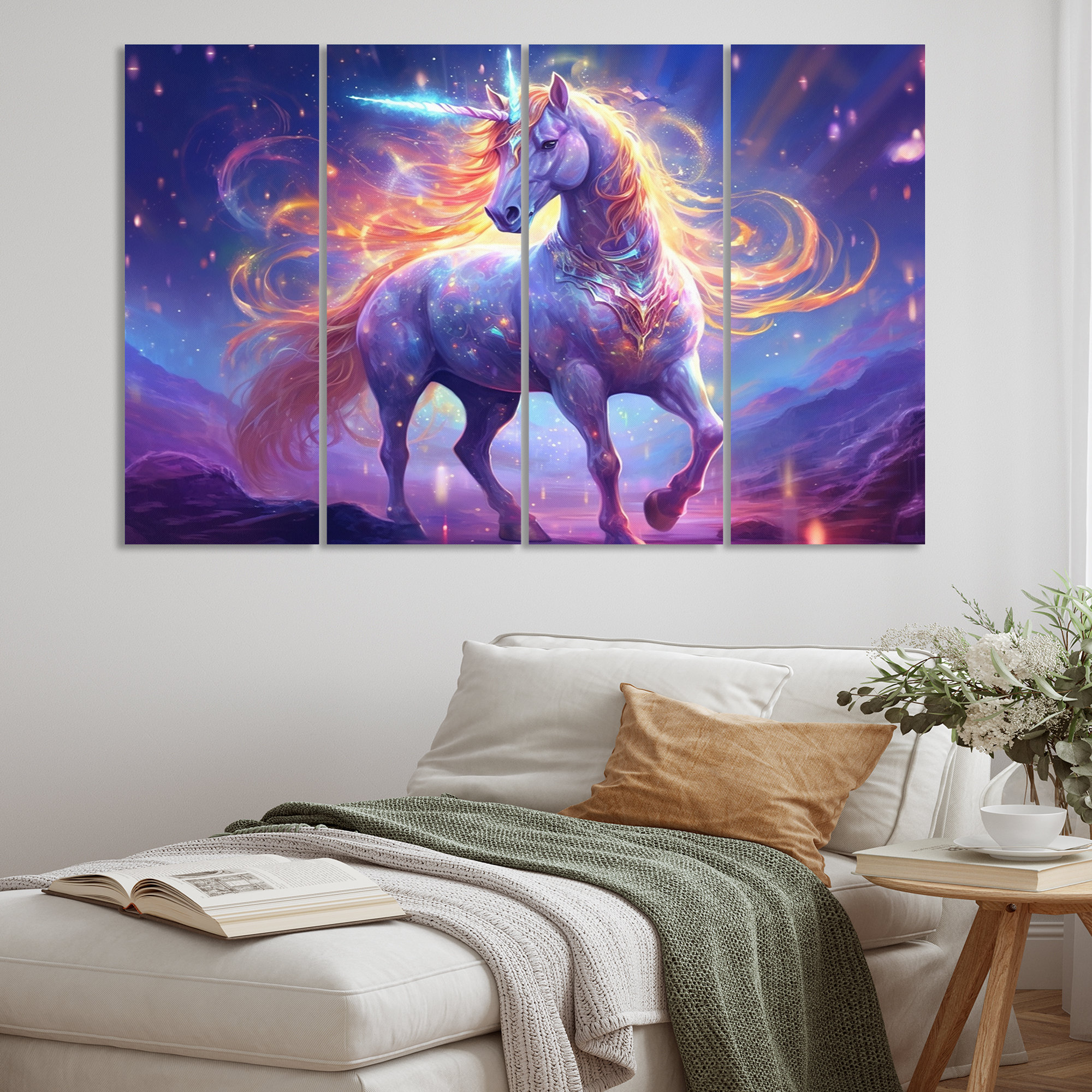 Design Art Cosmic Purple Unicorn Magic I - Fantasy Unicorn Wall Art Print - 4 Panels | Wayfair